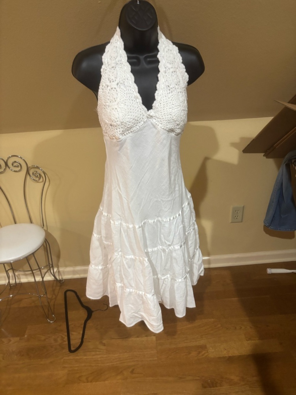 Y2K B Darlin White Crochet Halter Mini Dress Fairycore Ren Fair Boho - Picture 1 of 13
